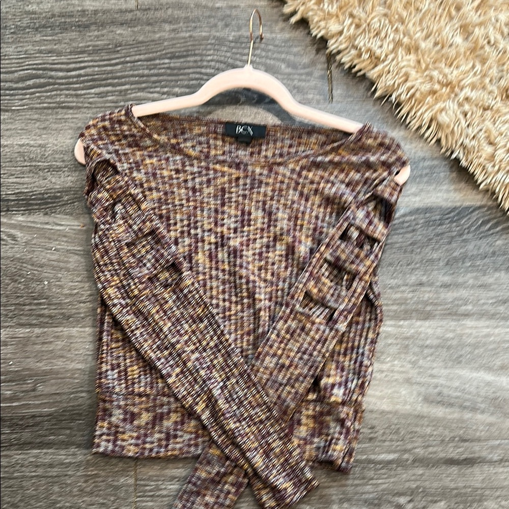 BCX Brown Tan Ribbed Cut Out Long Sleeve Blouse